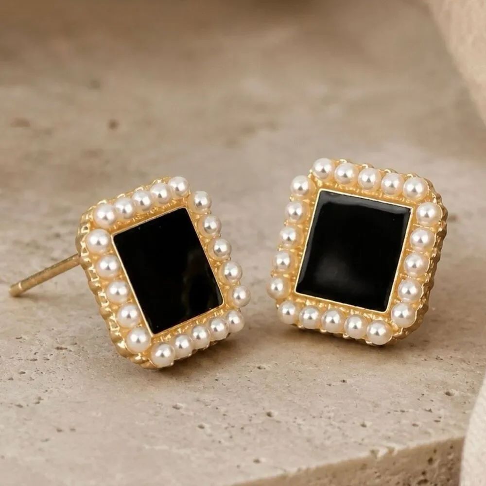 Onyx Black Square Studs with Faux Pearl Border